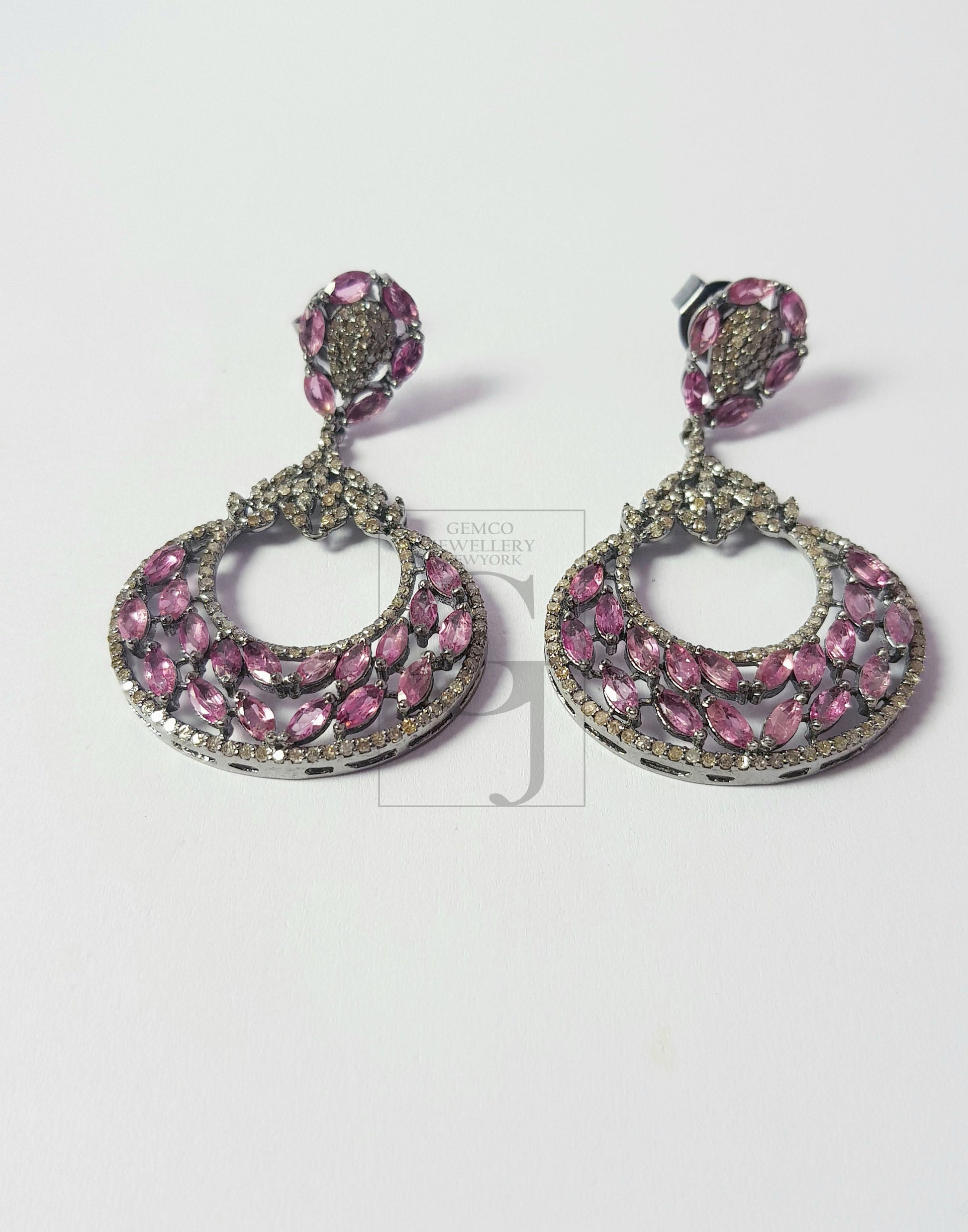 Very beautiful light oxidized ruby designer Rosecut pave diamond earrings 925 sterling silver handmade silver finish diamond earrings