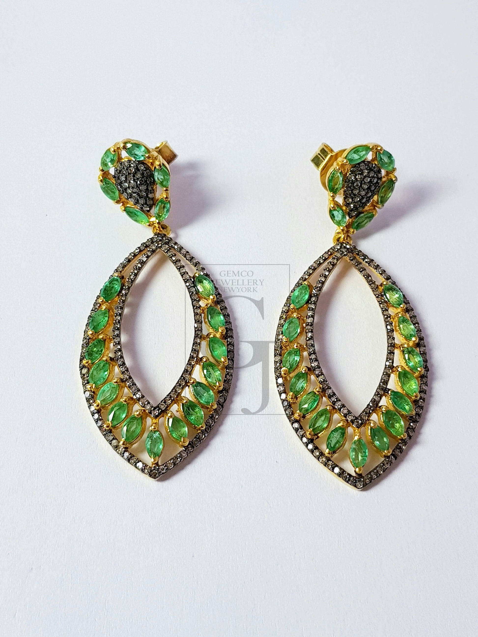 Very beautiful Vermail gold emerald designer Rosecut pave diamond earrings 925 sterling silver handmade silver finish diamond earrings