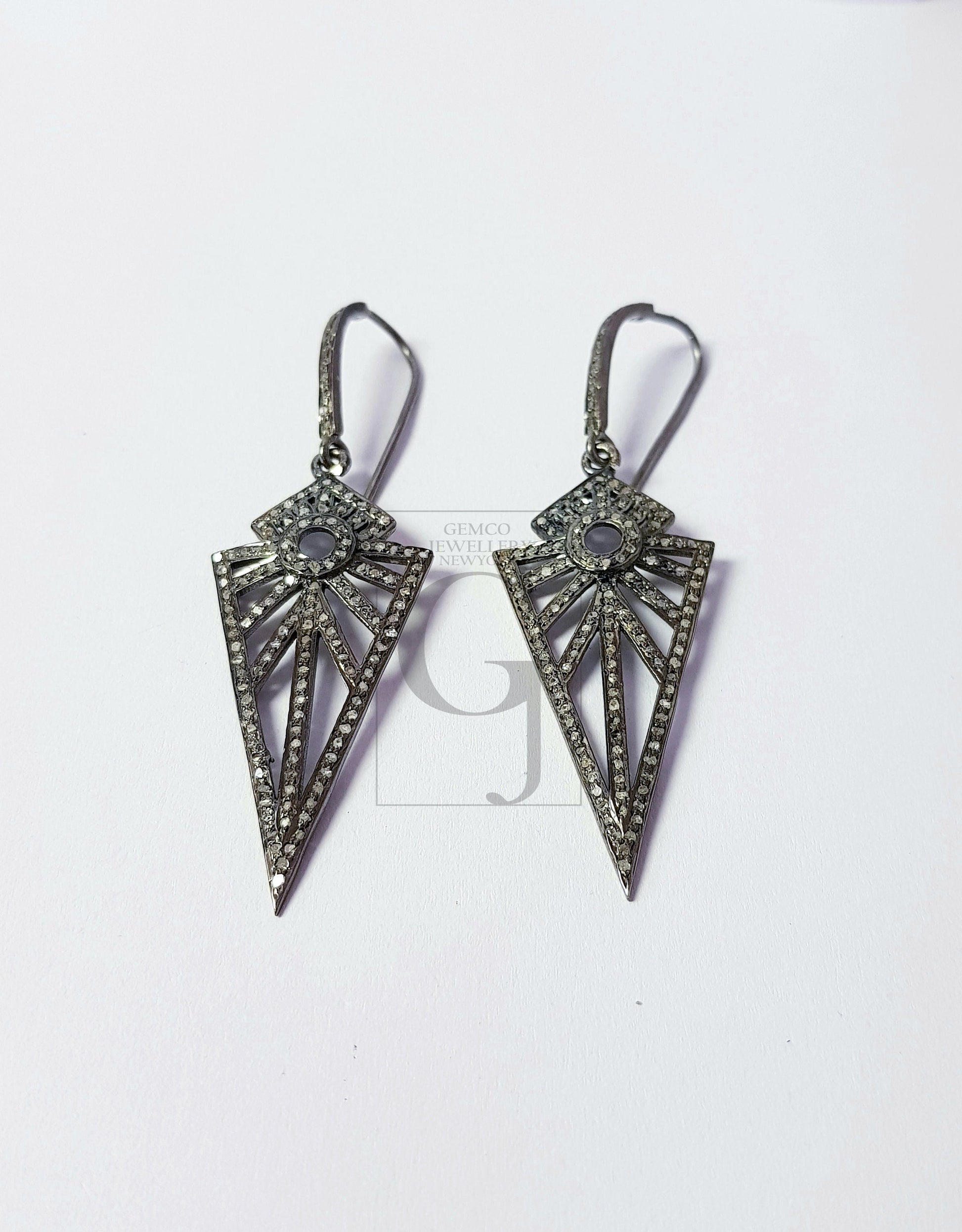 Antique look oxidized Arrow head designer earrings Rosecut pave diamond earrings 925 sterling silver handmade silver finish diamond earrings