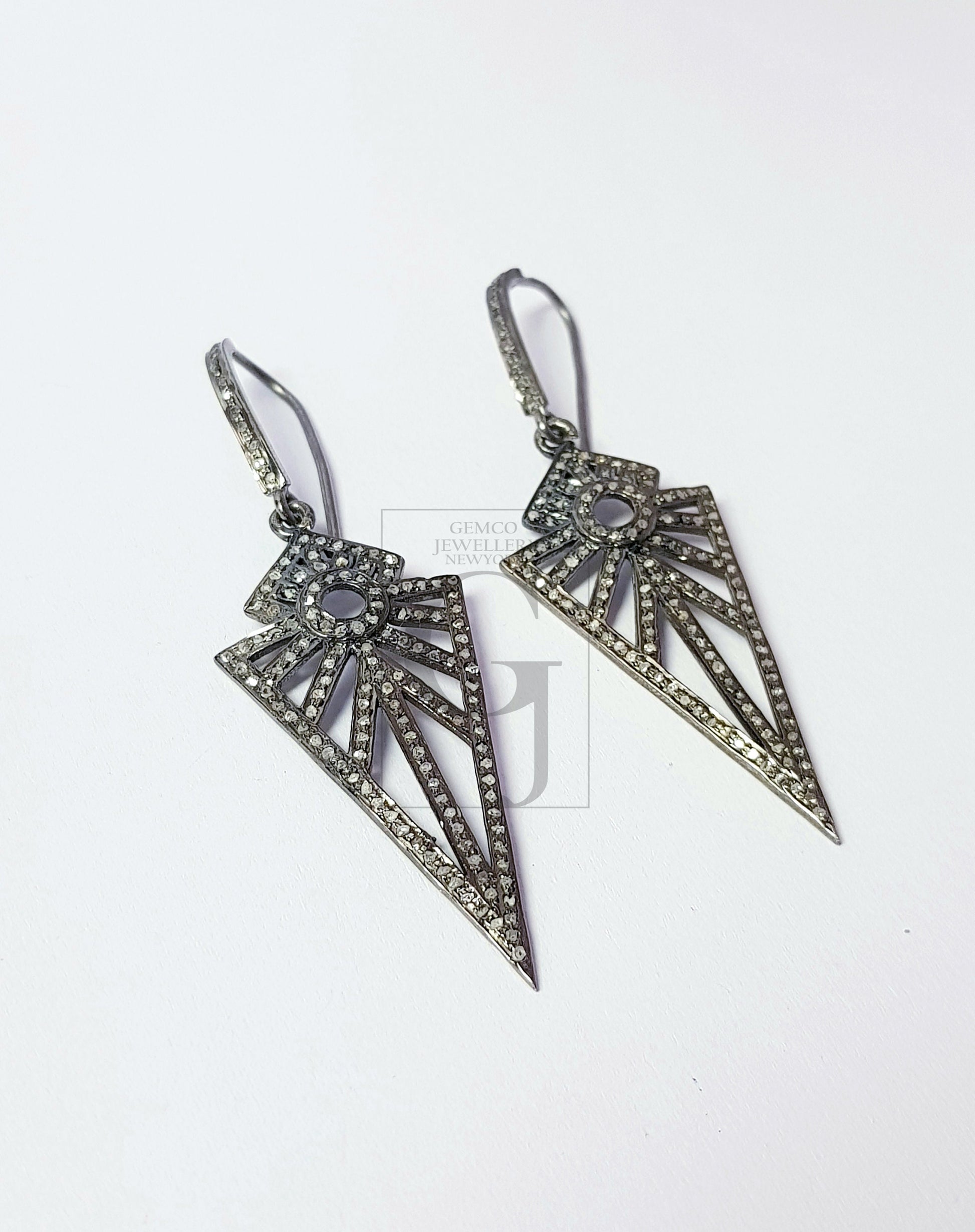 Antique look oxidized Arrow head designer earrings Rosecut pave diamond earrings 925 sterling silver handmade silver finish diamond earrings