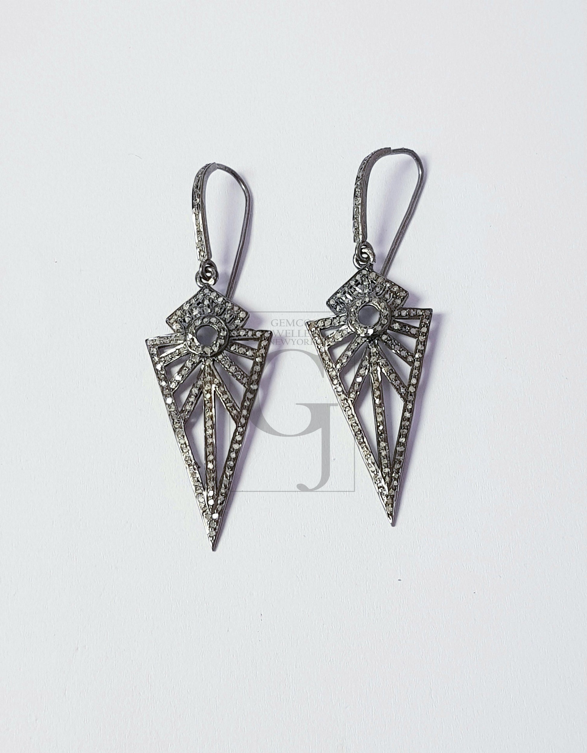 Antique look oxidized Arrow head designer earrings Rosecut pave diamond earrings 925 sterling silver handmade silver finish diamond earrings