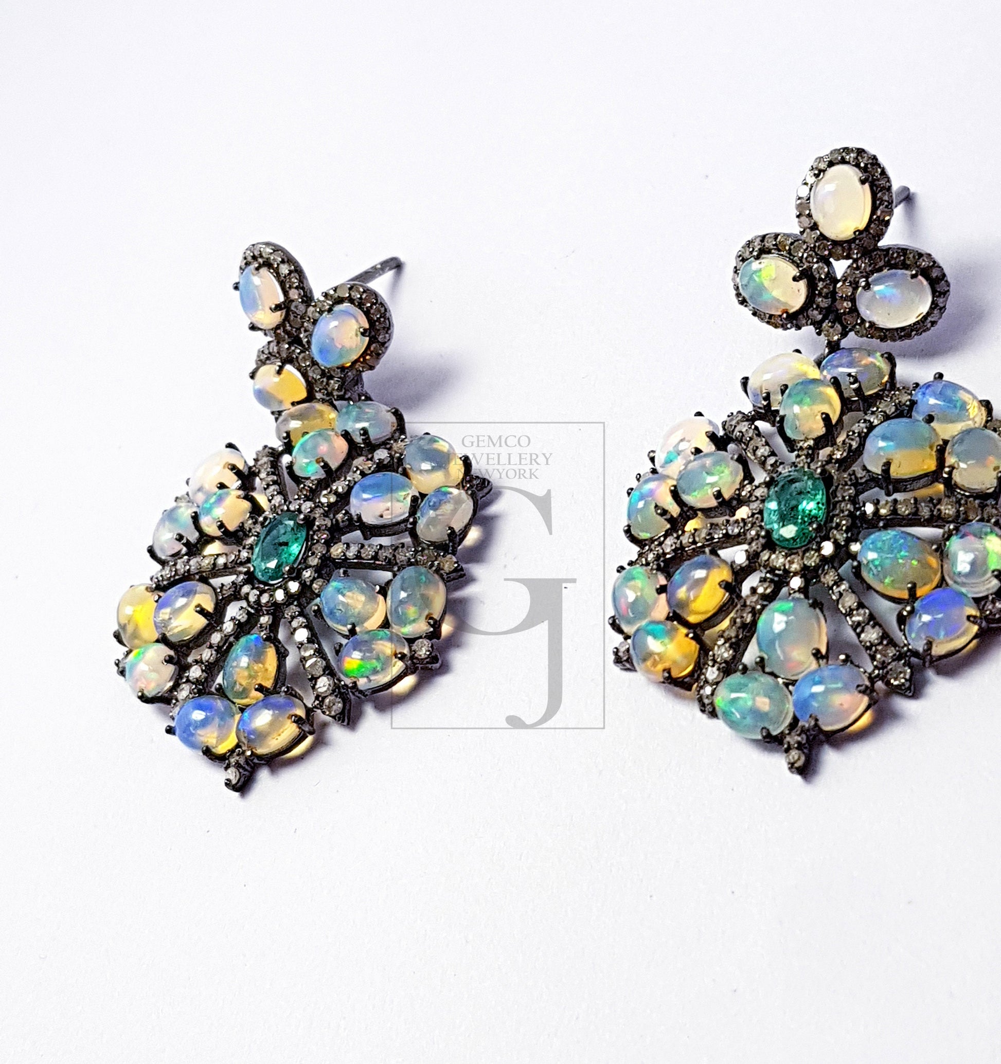 Beautiful Opal And Emerald Stone Design Pave Rosecut Diamond 925 Sterling Silver Handmade Pave Diamond Earring Sterling