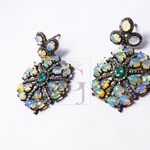 Beautiful Opal And Emerald Stone Design Pave Rosecut Diamond 925 Sterling Silver Handmade Pave Diamond Earring Sterling