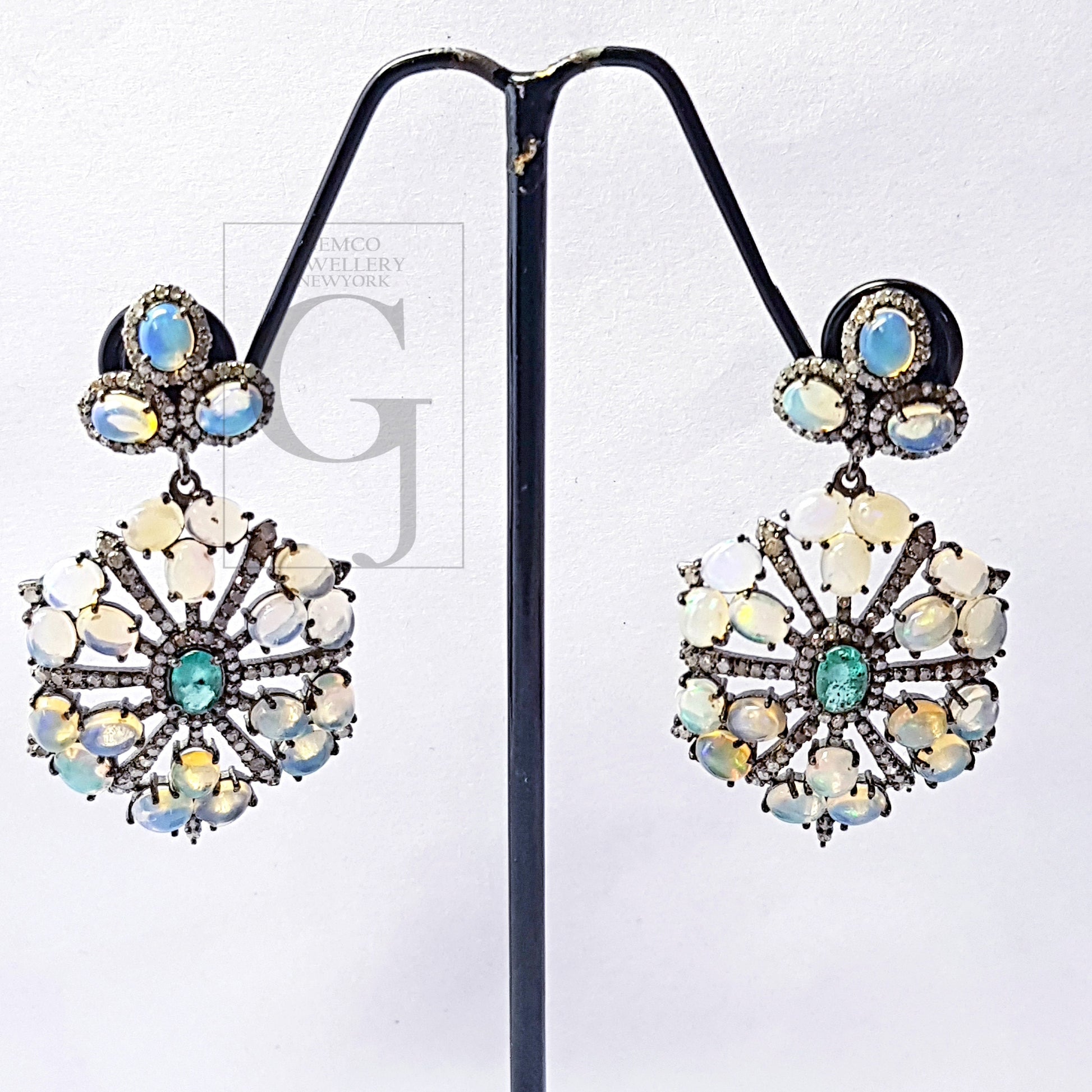 Beautiful Opal And Emerald Stone Design Pave Rosecut Diamond 925 Sterling Silver Handmade Pave Diamond Earring Sterling