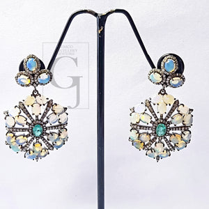 Beautiful Opal And Emerald Stone Design Pave Rosecut Diamond 925 Sterling Silver Handmade Pave Diamond Earring Sterling