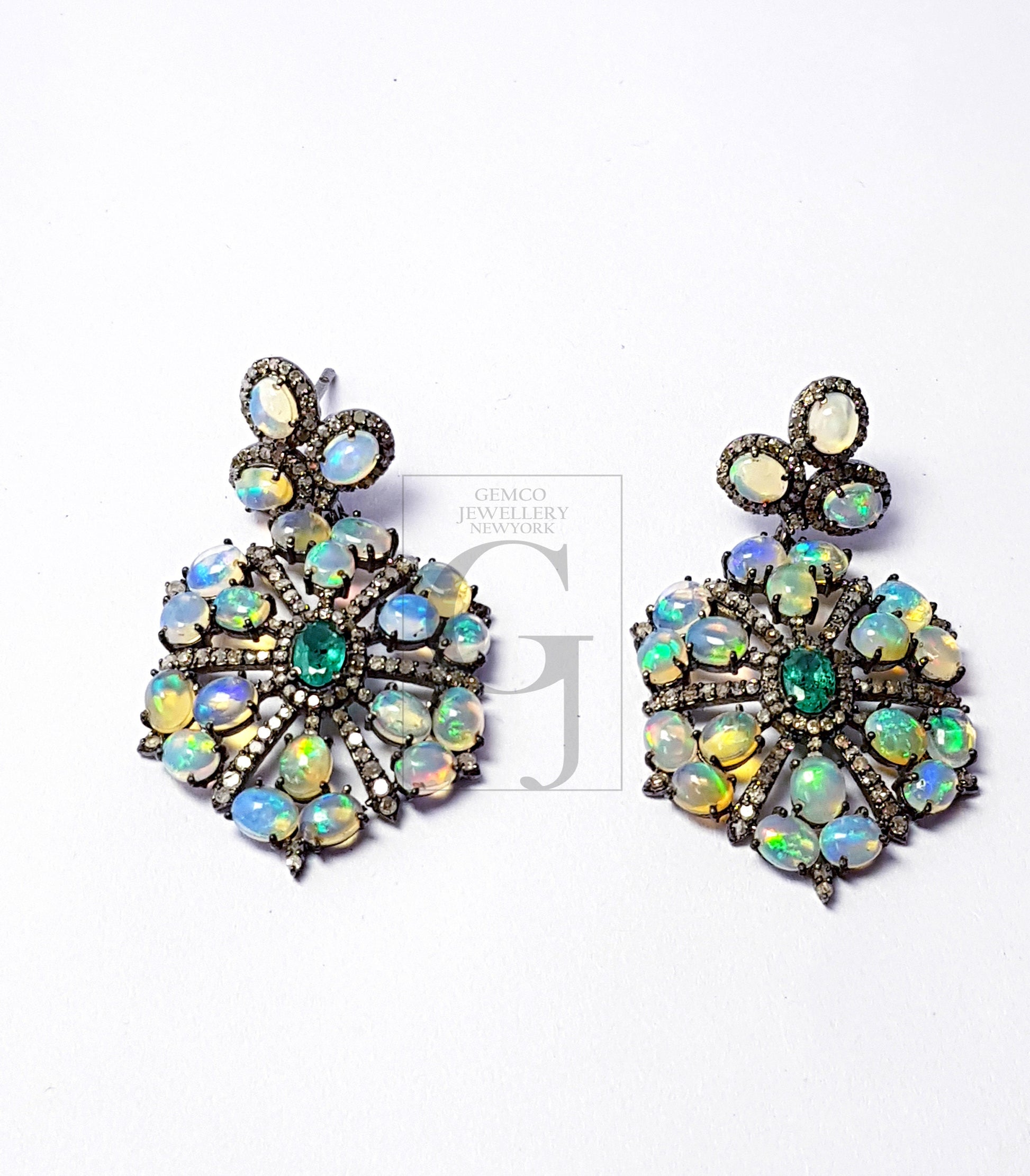 Beautiful Opal And Emerald Stone Design Pave Rosecut Diamond 925 Sterling Silver Handmade Pave Diamond Earring Sterling