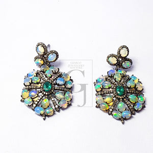 Beautiful Opal And Emerald Stone Design Pave Rosecut Diamond 925 Sterling Silver Handmade Pave Diamond Earring Sterling