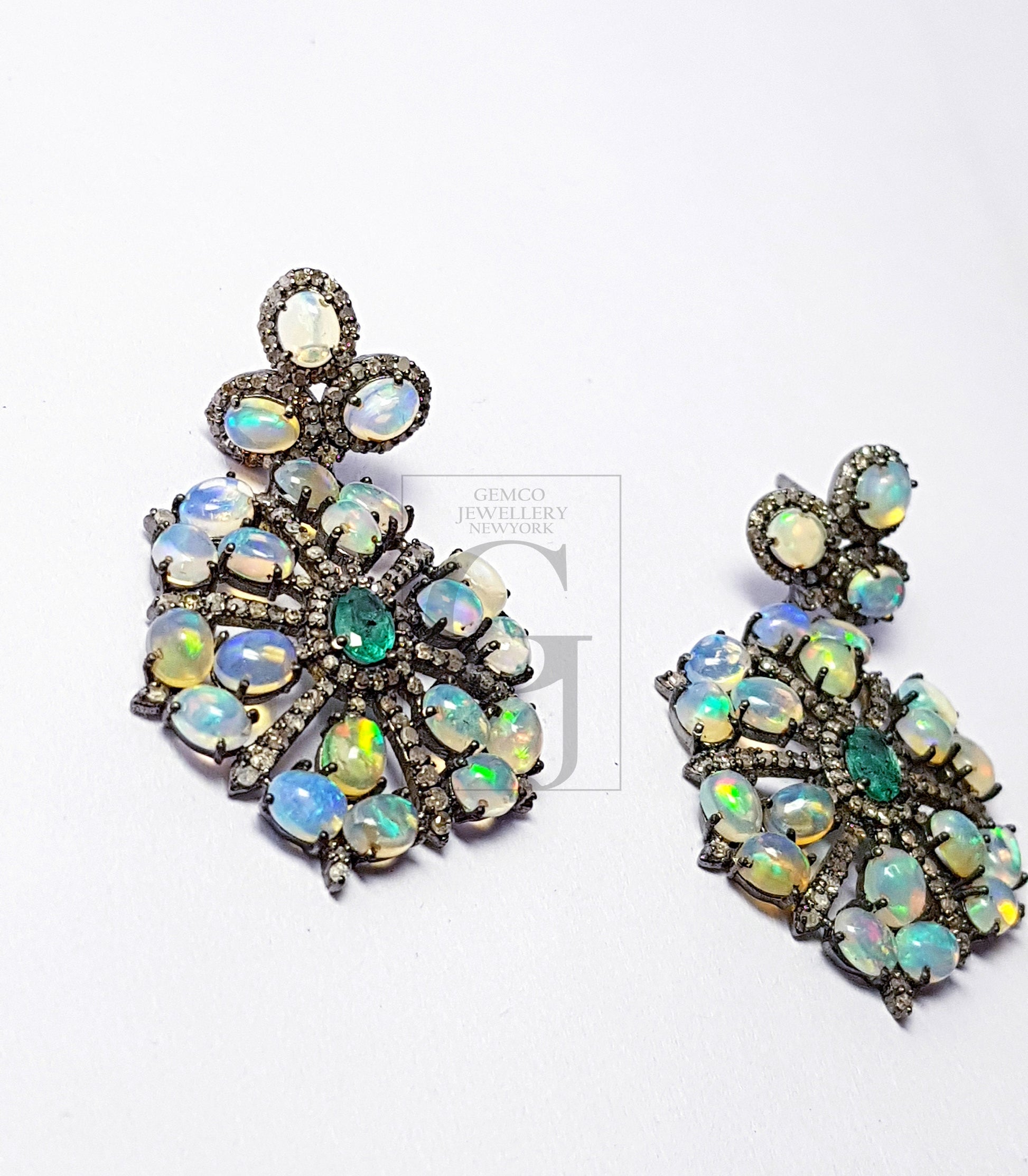 Beautiful Opal And Emerald Stone Design Pave Rosecut Diamond 925 Sterling Silver Handmade Pave Diamond Earring Sterling