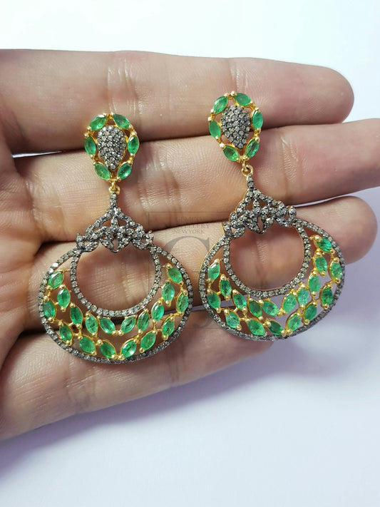 Very beautiful Vermail gold emerald designer Rosecut pave diamond earrings 925 sterling silver handmade silver finish diamond earrings