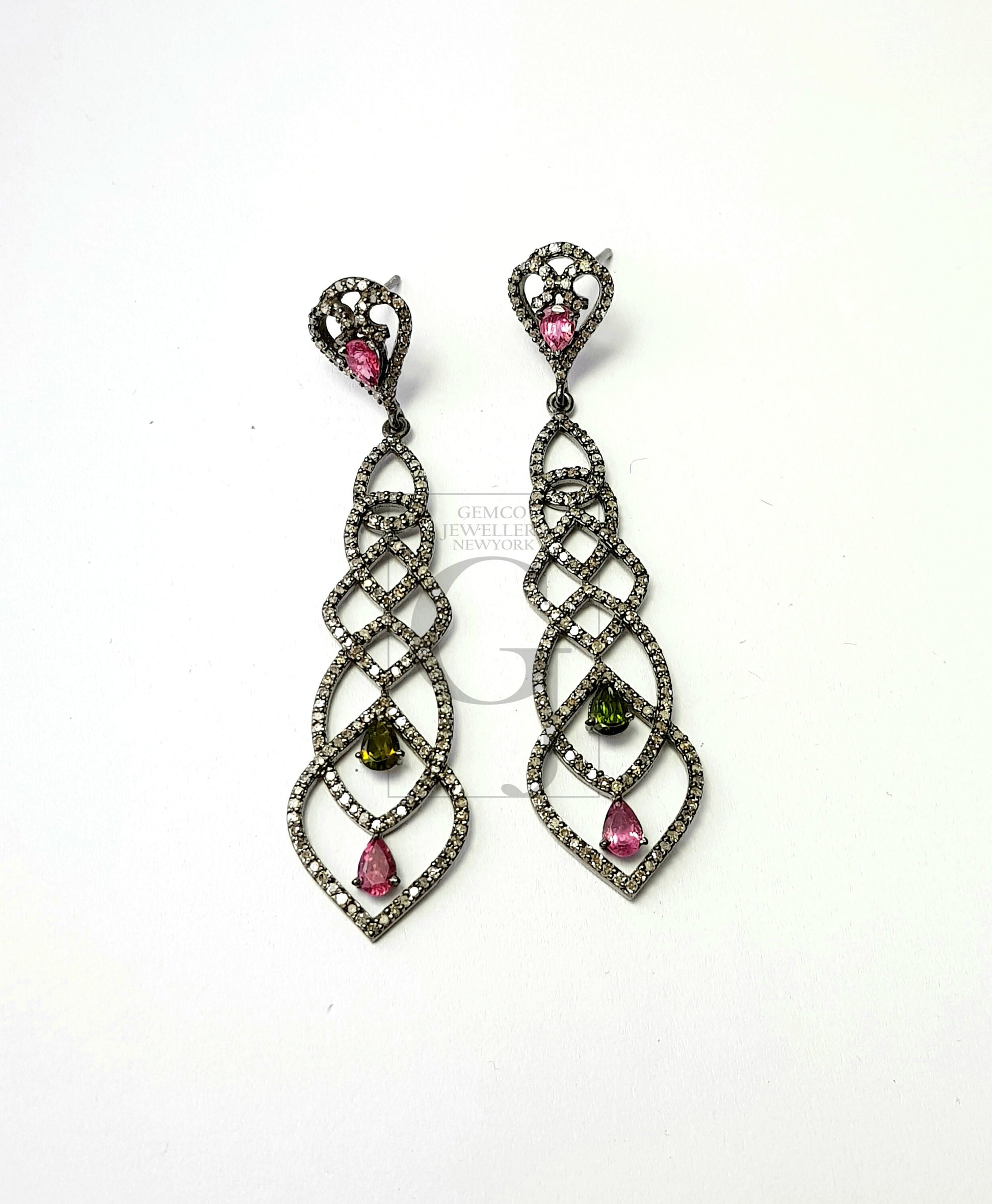 Tourmaline beautiful earring  Rosecut pave diamond earrings 925 sterling silver handmade silver finish diamond earrings