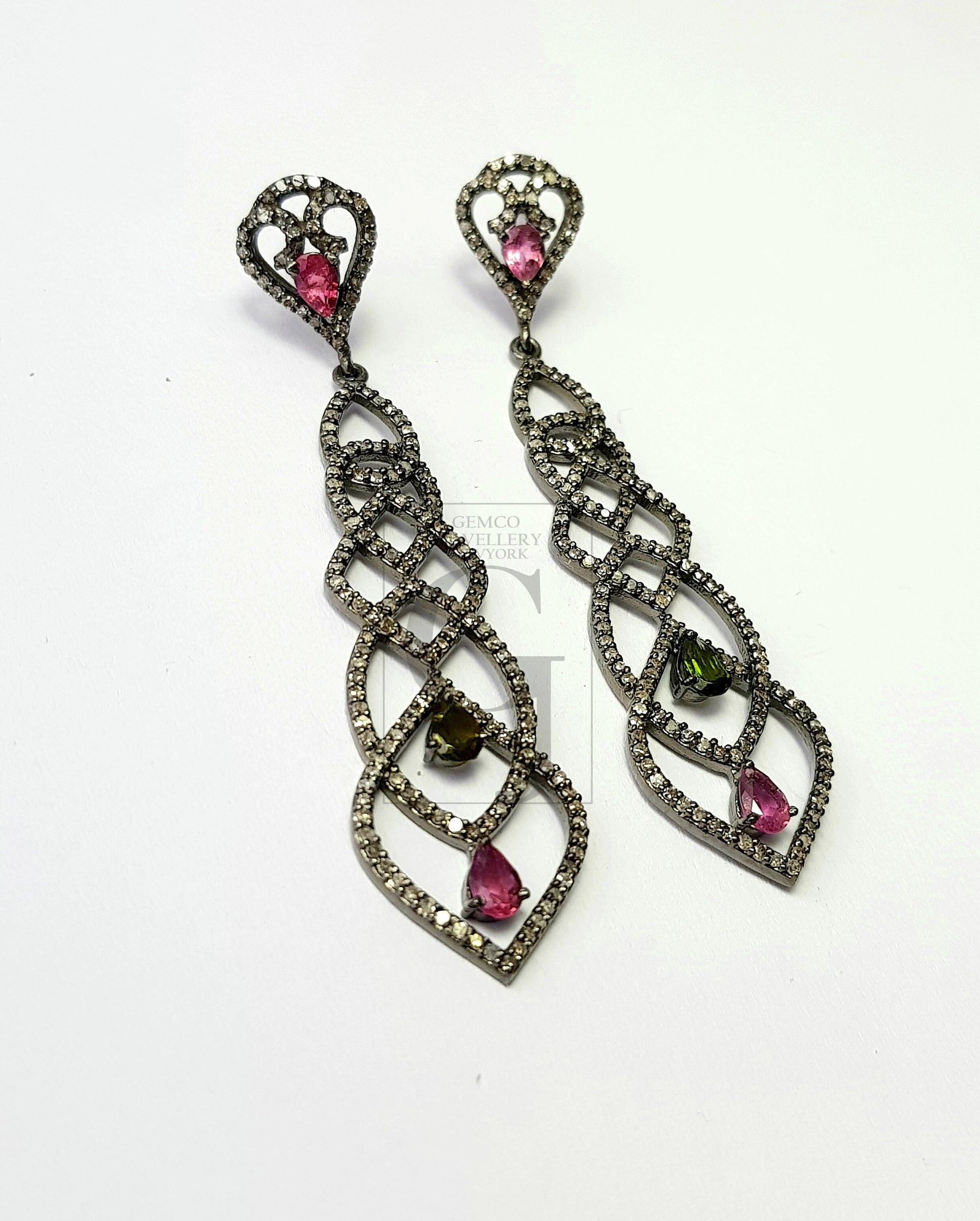 Tourmaline beautiful earring  Rosecut pave diamond earrings 925 sterling silver handmade silver finish diamond earrings