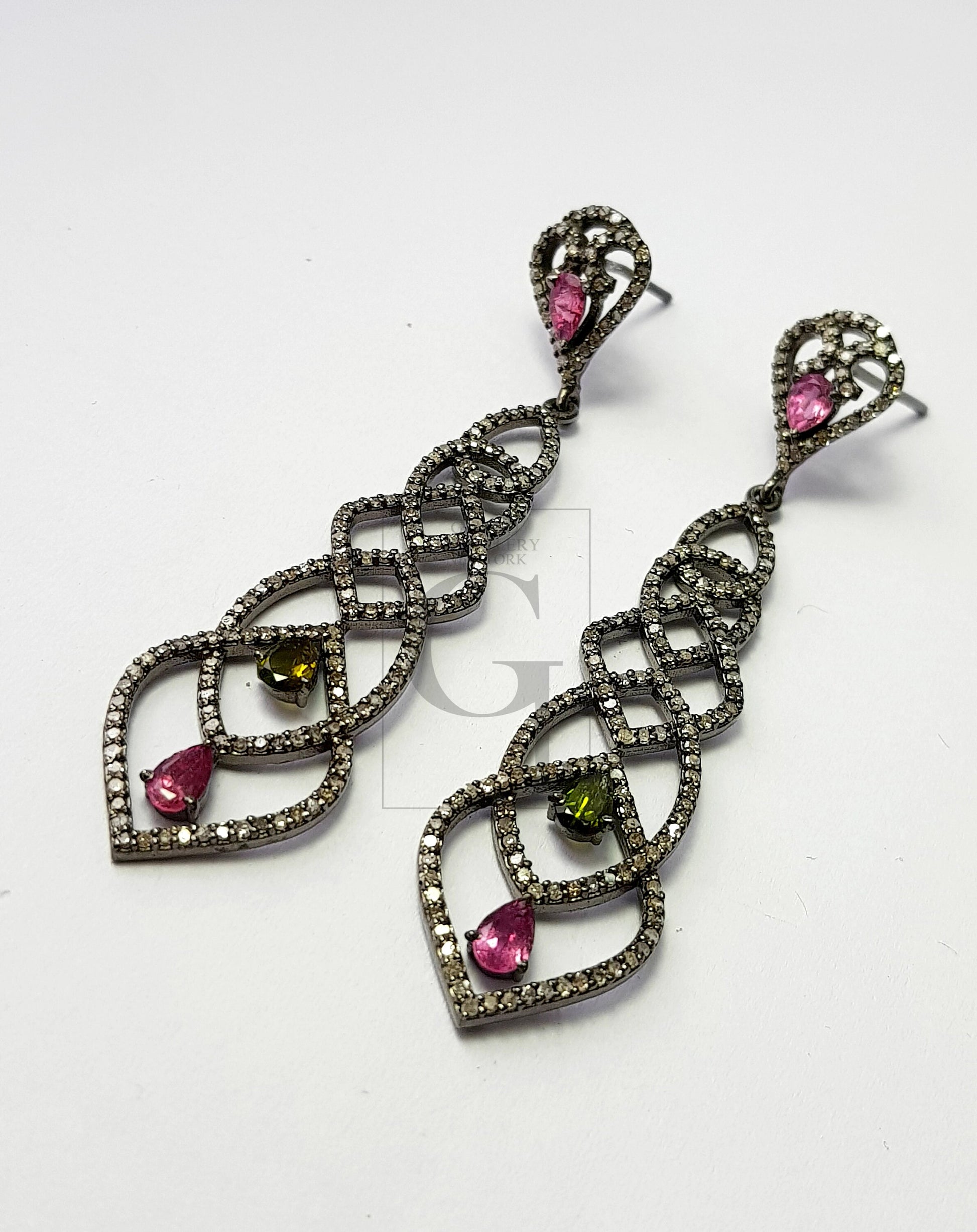 Tourmaline beautiful earring  Rosecut pave diamond earrings 925 sterling silver handmade silver finish diamond earrings