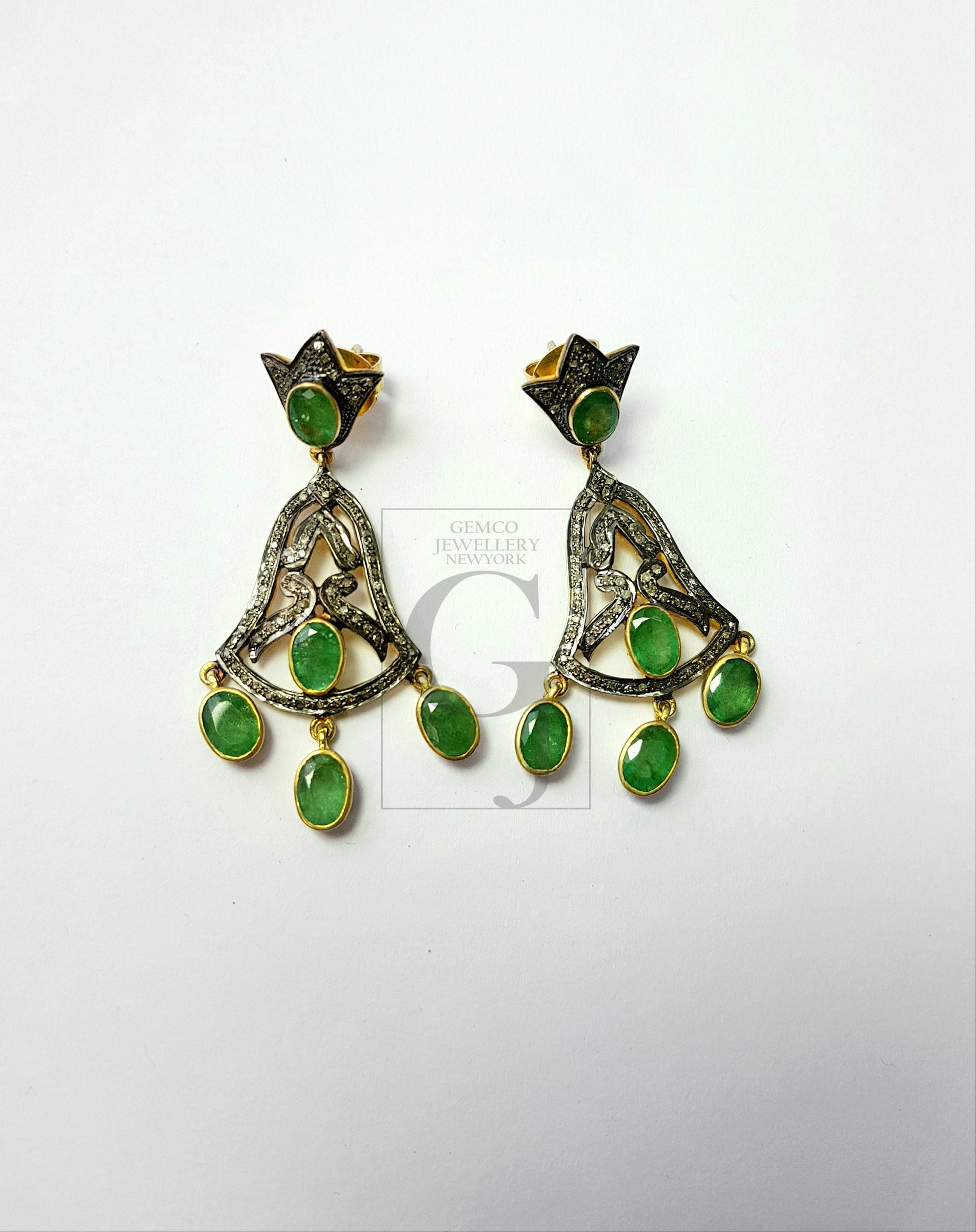 Antiquelook Emerald Vermail Gold Designer Earrings Rosecut Pave Diamond Earrings 925 Sterling Silver Handmade Silver Finish Diamond Earrings