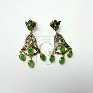 Antiquelook Emerald Vermail Gold Designer Earrings Rosecut Pave Diamond Earrings 925 Sterling Silver Handmade Silver Finish Diamond Earrings