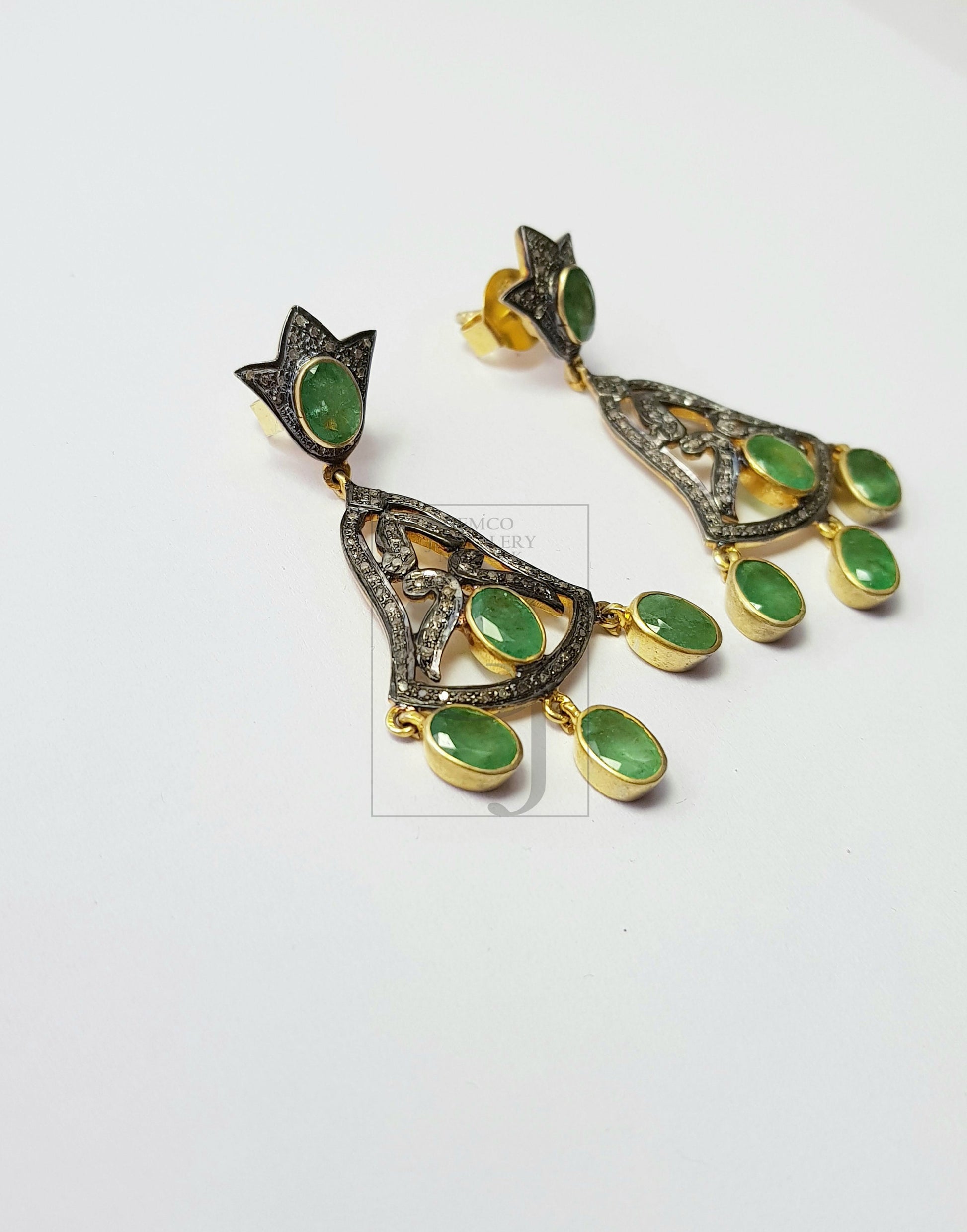 Antiquelook Emerald Vermail Gold Designer Earrings Rosecut Pave Diamond Earrings 925 Sterling Silver Handmade Silver Finish Diamond Earrings