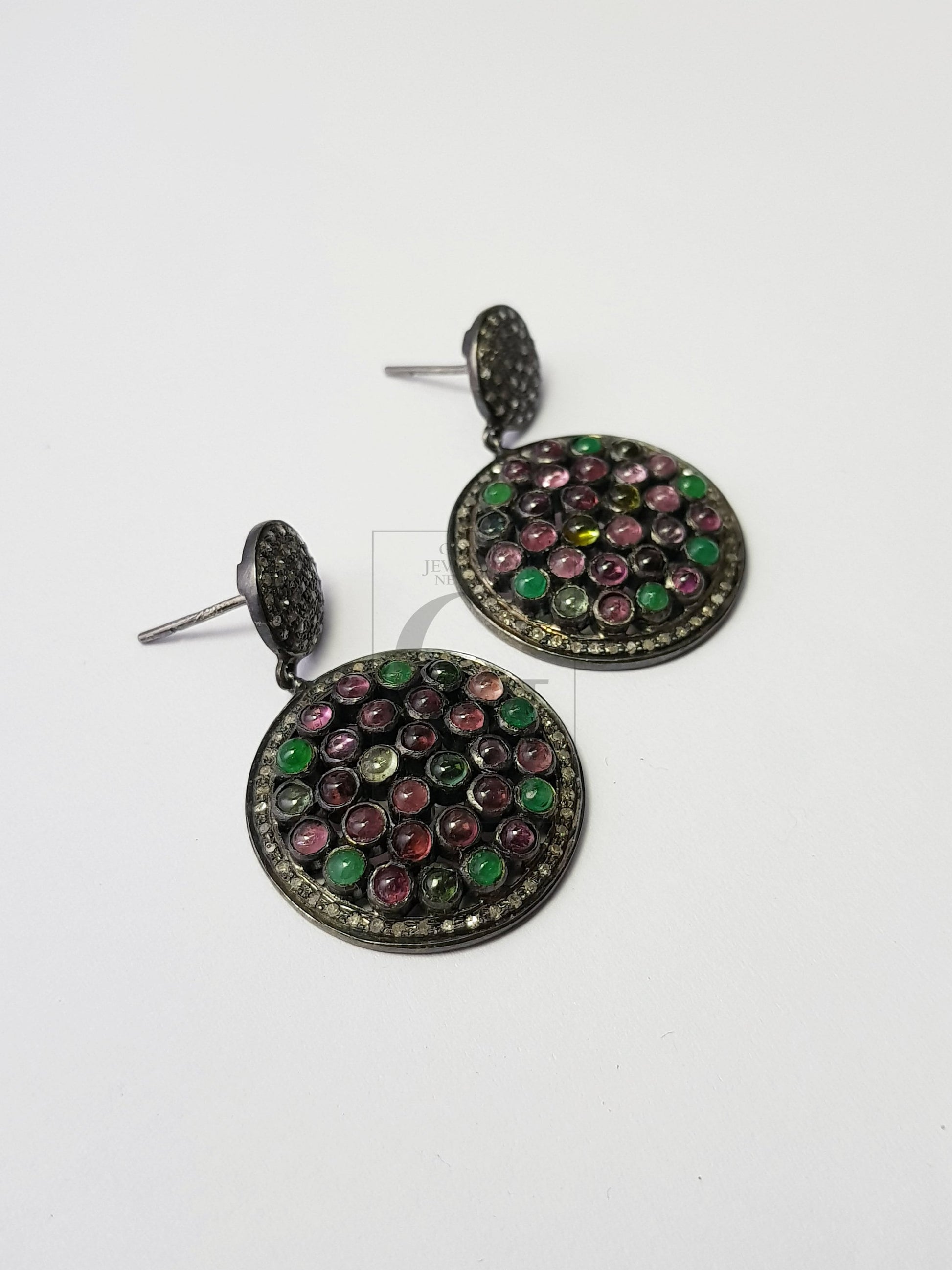 Multi colored Tourmaline stone designer earrings Rosecut pave diamond earrings 925 sterling silver handmade silver finish diamond earrings