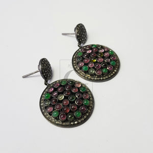 Multi colored Tourmaline stone designer earrings Rosecut pave diamond earrings 925 sterling silver handmade silver finish diamond earrings