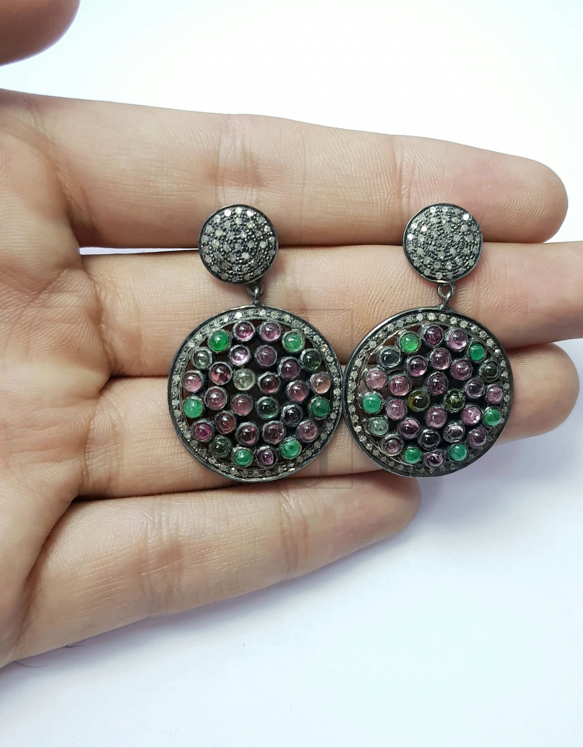 Multi colored Tourmaline stone designer earrings Rosecut pave diamond earrings 925 sterling silver handmade silver finish diamond earrings