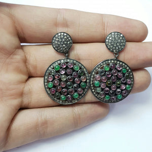 Multi colored Tourmaline stone designer earrings Rosecut pave diamond earrings 925 sterling silver handmade silver finish diamond earrings