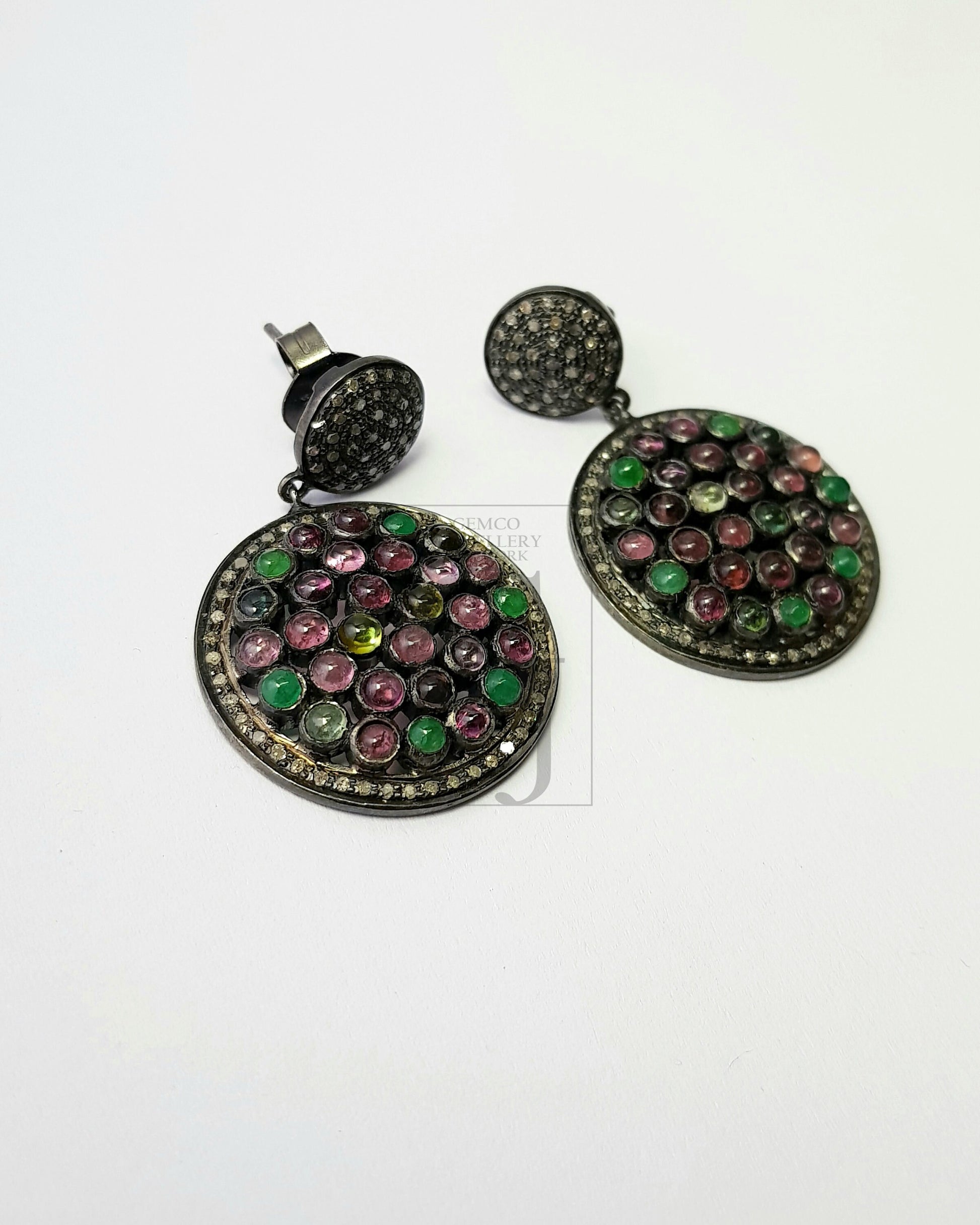 Multi colored Tourmaline stone designer earrings Rosecut pave diamond earrings 925 sterling silver handmade silver finish diamond earrings