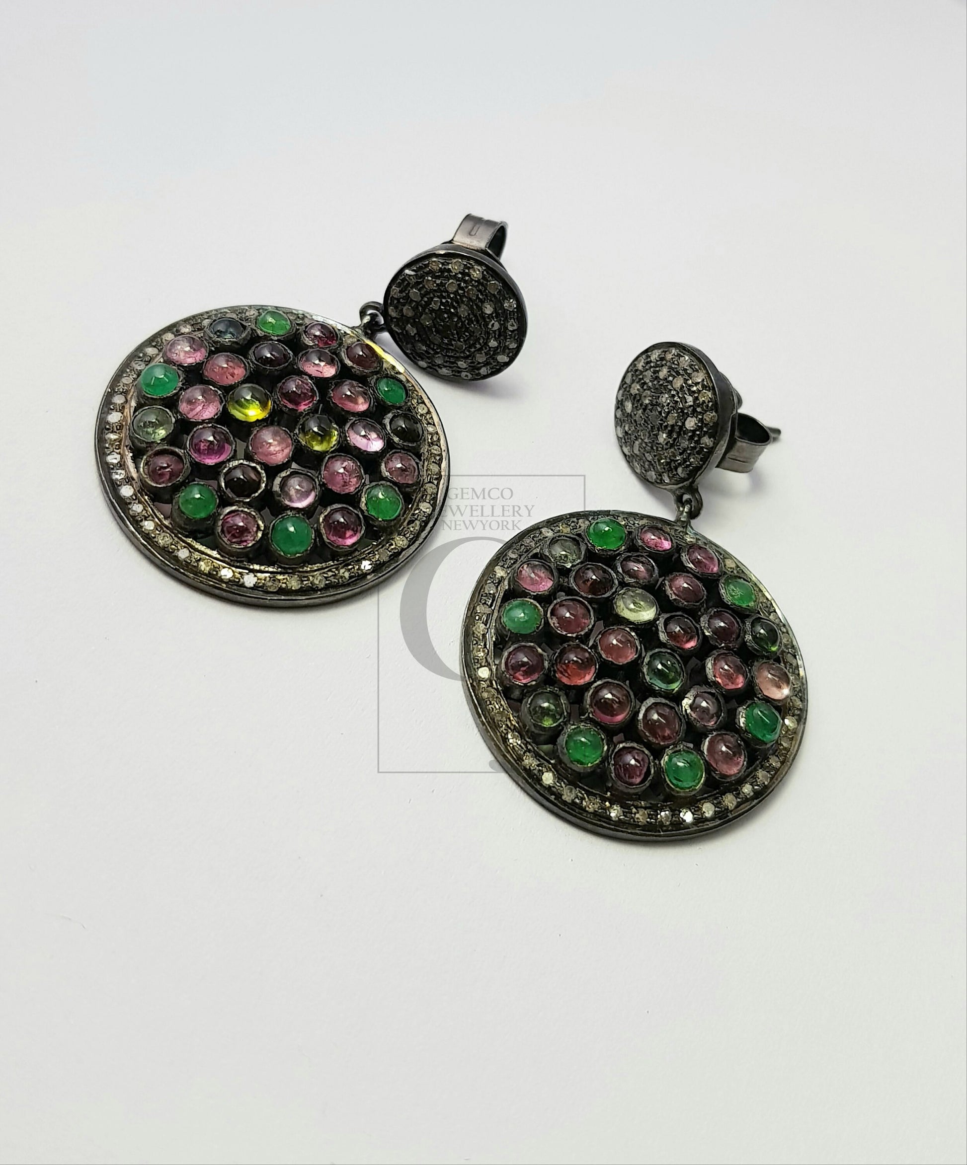 Multi colored Tourmaline stone designer earrings Rosecut pave diamond earrings 925 sterling silver handmade silver finish diamond earrings