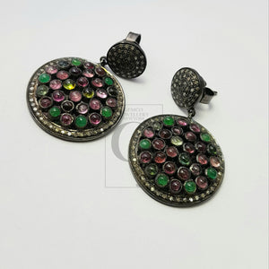 Multi colored Tourmaline stone designer earrings Rosecut pave diamond earrings 925 sterling silver handmade silver finish diamond earrings