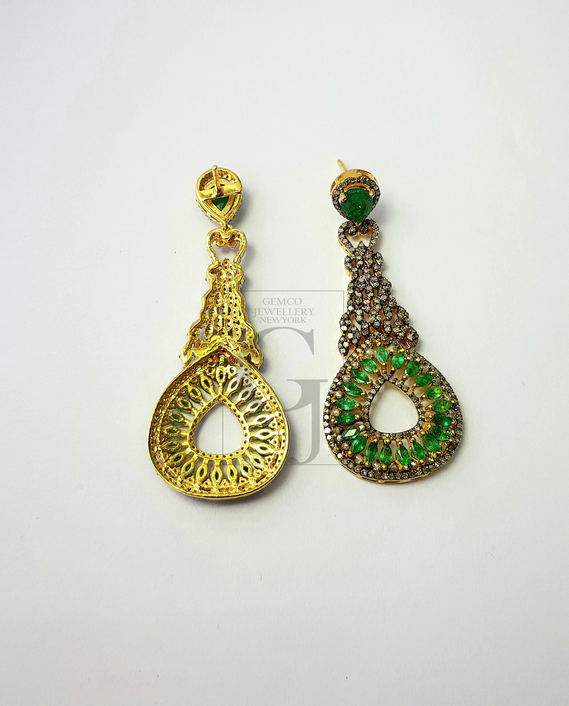 Fashionable natural AAA quality emerald vermail gold designer earring, Rosecut pave diamond 925 sterling silver handmade diamond earring