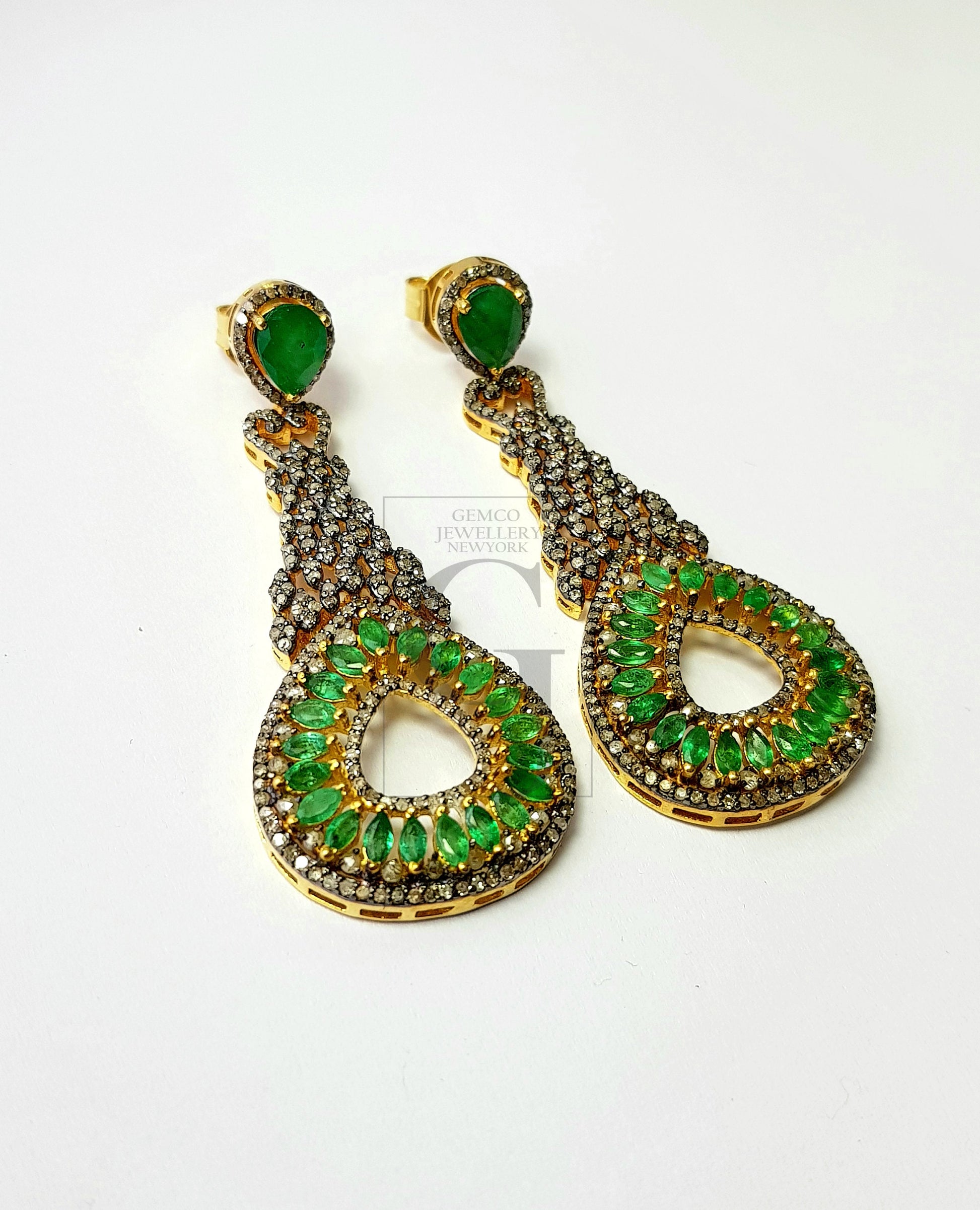 Fashionable natural AAA quality emerald vermail gold designer earring, Rosecut pave diamond 925 sterling silver handmade diamond earring