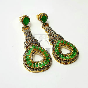 Fashionable natural AAA quality emerald vermail gold designer earring, Rosecut pave diamond 925 sterling silver handmade diamond earring
