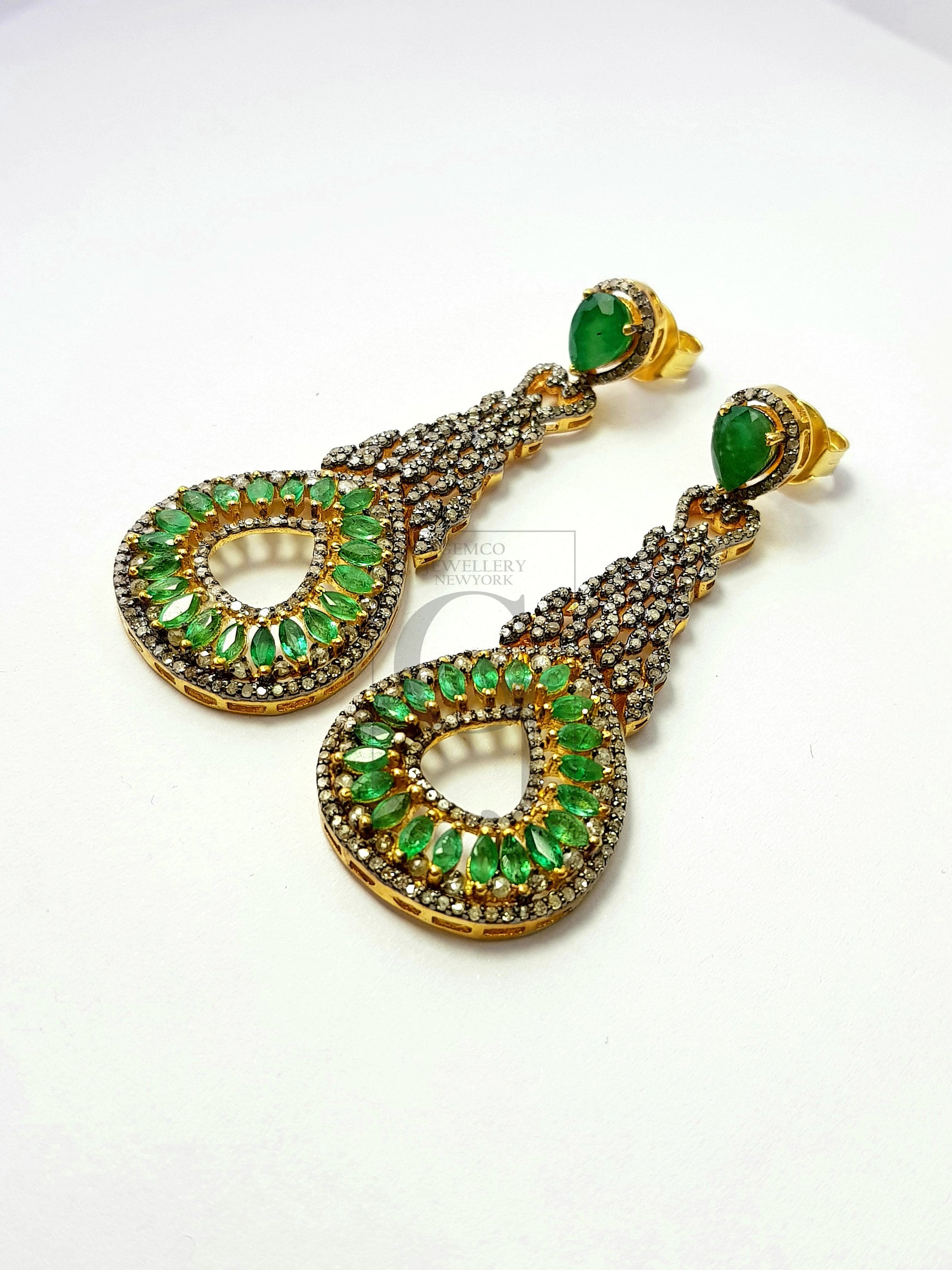 Fashionable natural AAA quality emerald vermail gold designer earring, Rosecut pave diamond 925 sterling silver handmade diamond earring