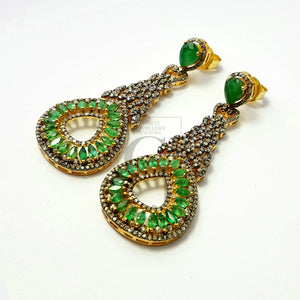 Fashionable natural AAA quality emerald vermail gold designer earring, Rosecut pave diamond 925 sterling silver handmade diamond earring