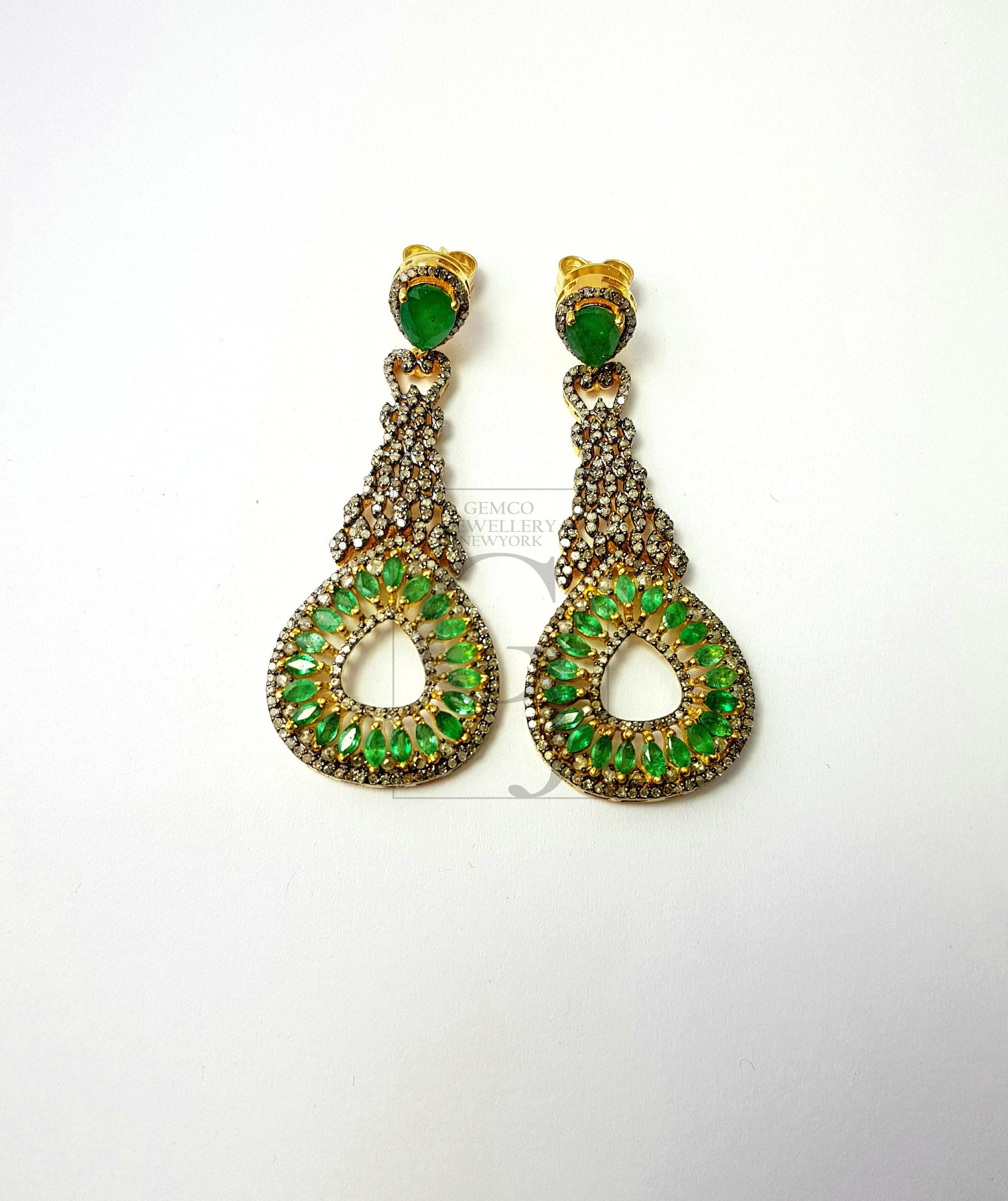 Fashionable natural AAA quality emerald vermail gold designer earring, Rosecut pave diamond 925 sterling silver handmade diamond earring