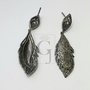 Very beautiful feather design Rosecut pave diamond earrings 925 sterling silver handmade silver finish diamond earrings