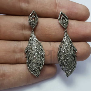 Very beautiful feather design Rosecut pave diamond earrings 925 sterling silver handmade silver finish diamond earrings