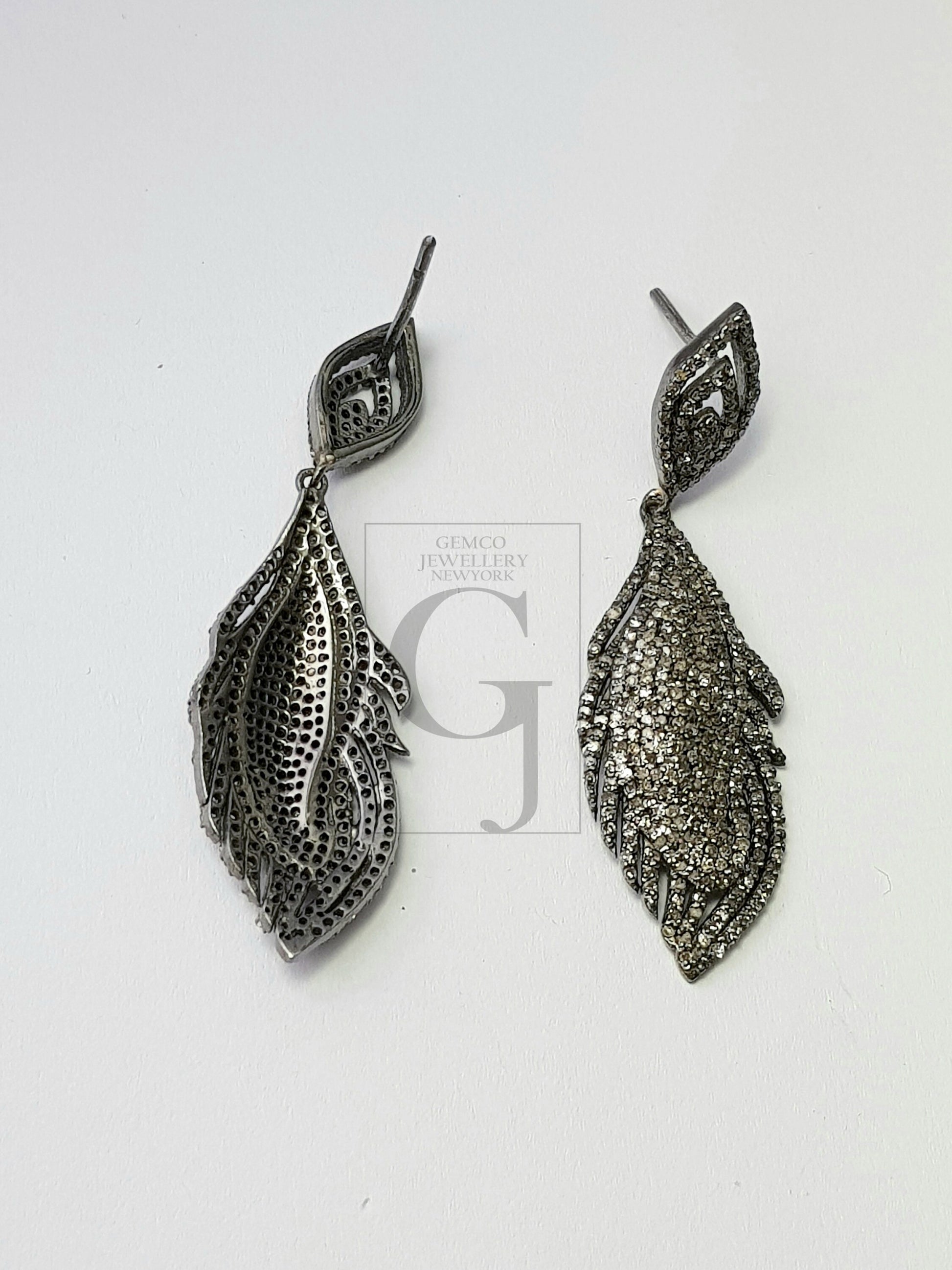 Very beautiful feather design Rosecut pave diamond earrings 925 sterling silver handmade silver finish diamond earrings