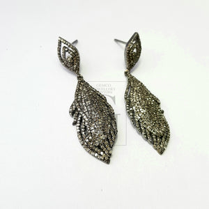 Very beautiful feather design Rosecut pave diamond earrings 925 sterling silver handmade silver finish diamond earrings