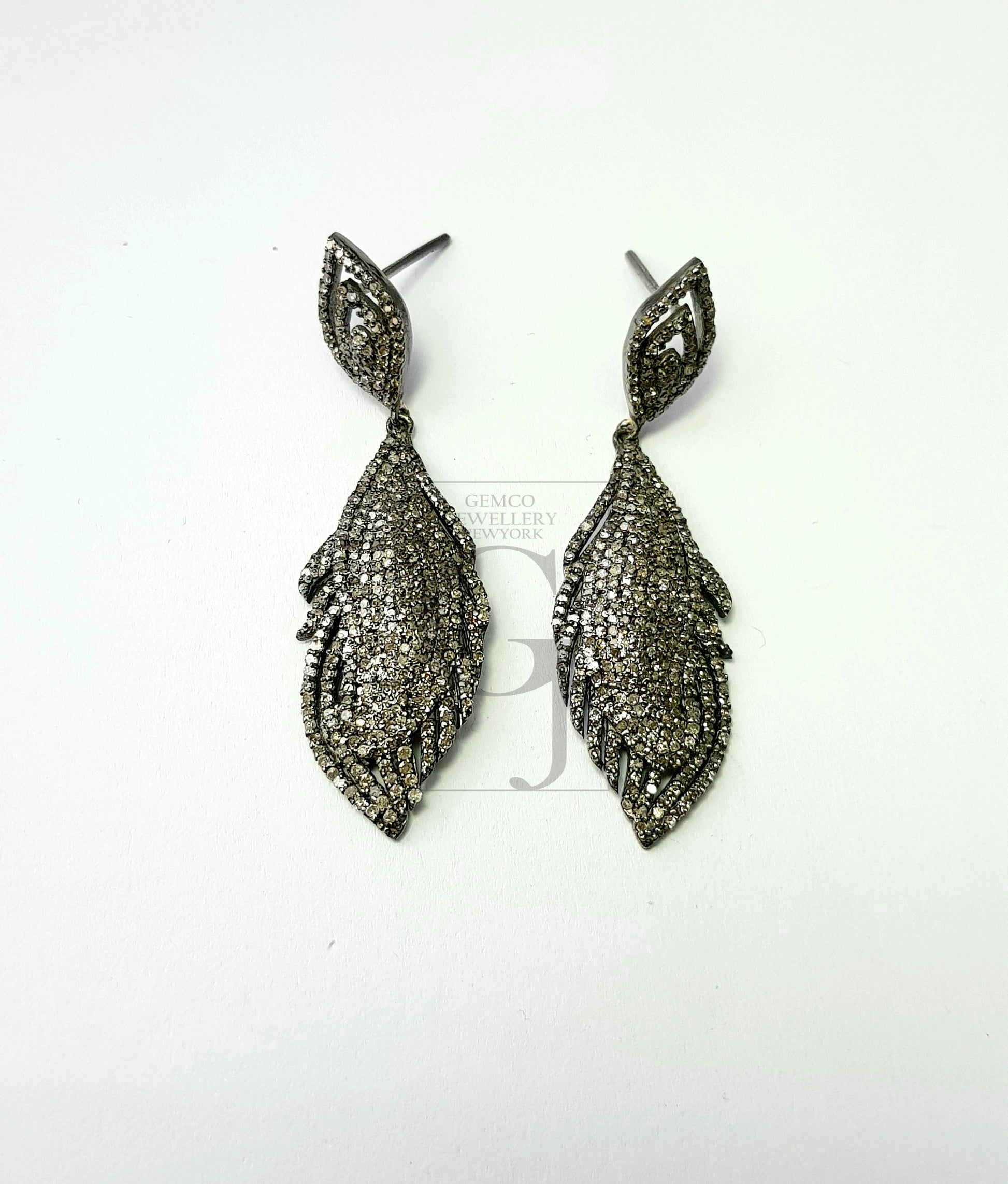 Very beautiful feather design Rosecut pave diamond earrings 925 sterling silver handmade silver finish diamond earrings