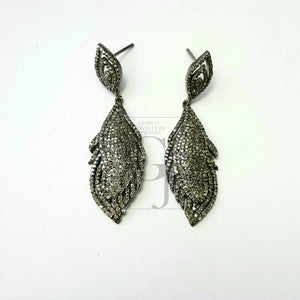 Very beautiful feather design Rosecut pave diamond earrings 925 sterling silver handmade silver finish diamond earrings