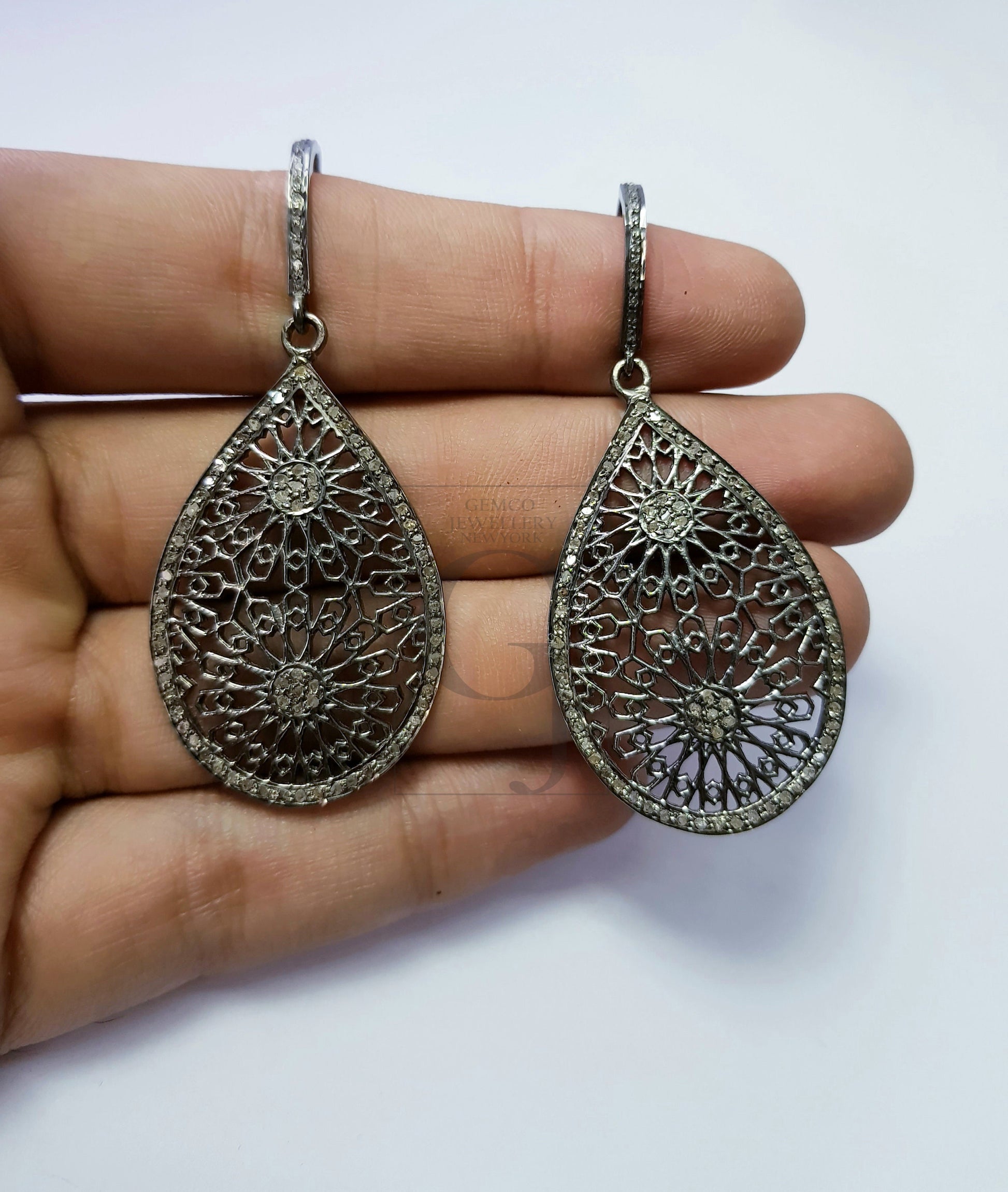 Very beautiful teardrop antique look designer Rosecut pave diamond earrings 925 sterling silver handmade silver finish diamond earrings