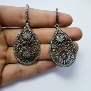 Very beautiful teardrop antique look designer Rosecut pave diamond earrings 925 sterling silver handmade silver finish diamond earrings