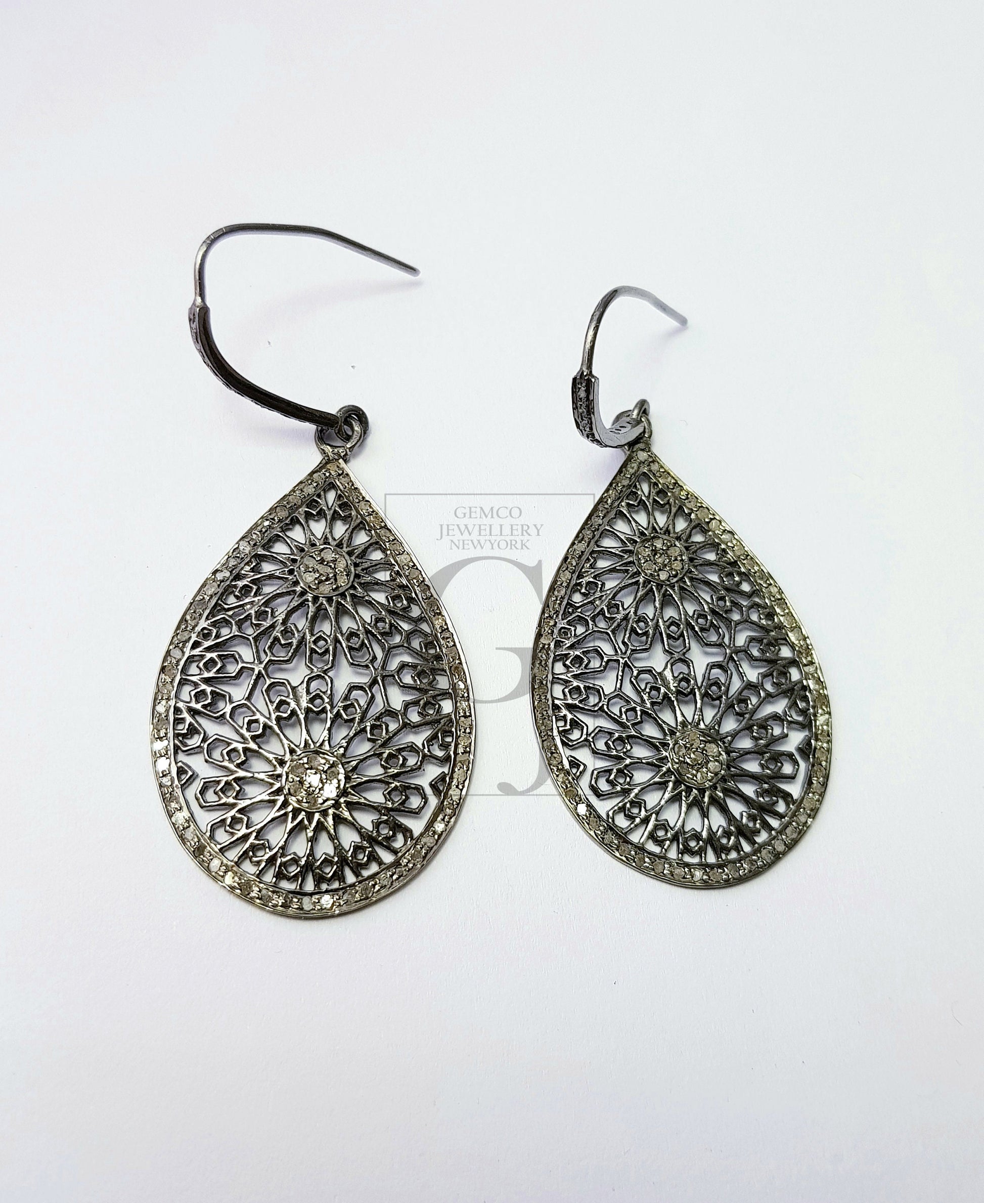 Very beautiful teardrop antique look designer Rosecut pave diamond earrings 925 sterling silver handmade silver finish diamond earrings