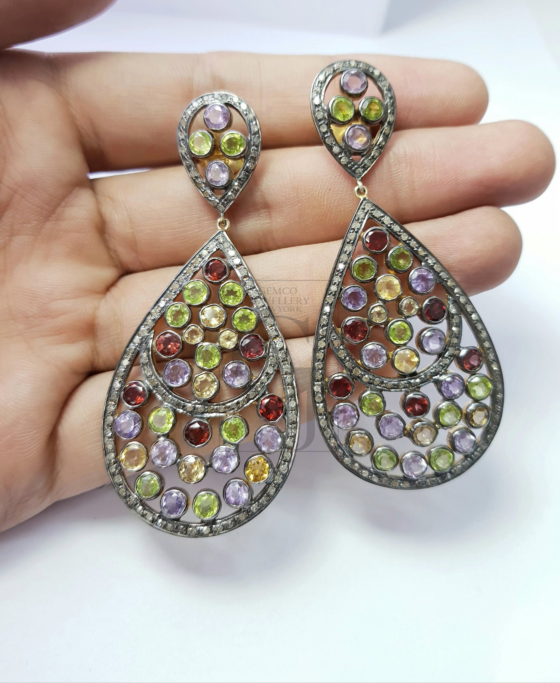 Multi colored Tourmaline designer earrings Rosecut pave diamond earrings 925 sterling silver handmade silver finish diamond earrings