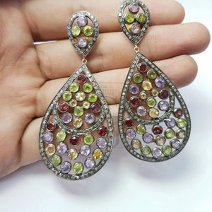 Multi colored Tourmaline designer earrings Rosecut pave diamond earrings 925 sterling silver handmade silver finish diamond earrings