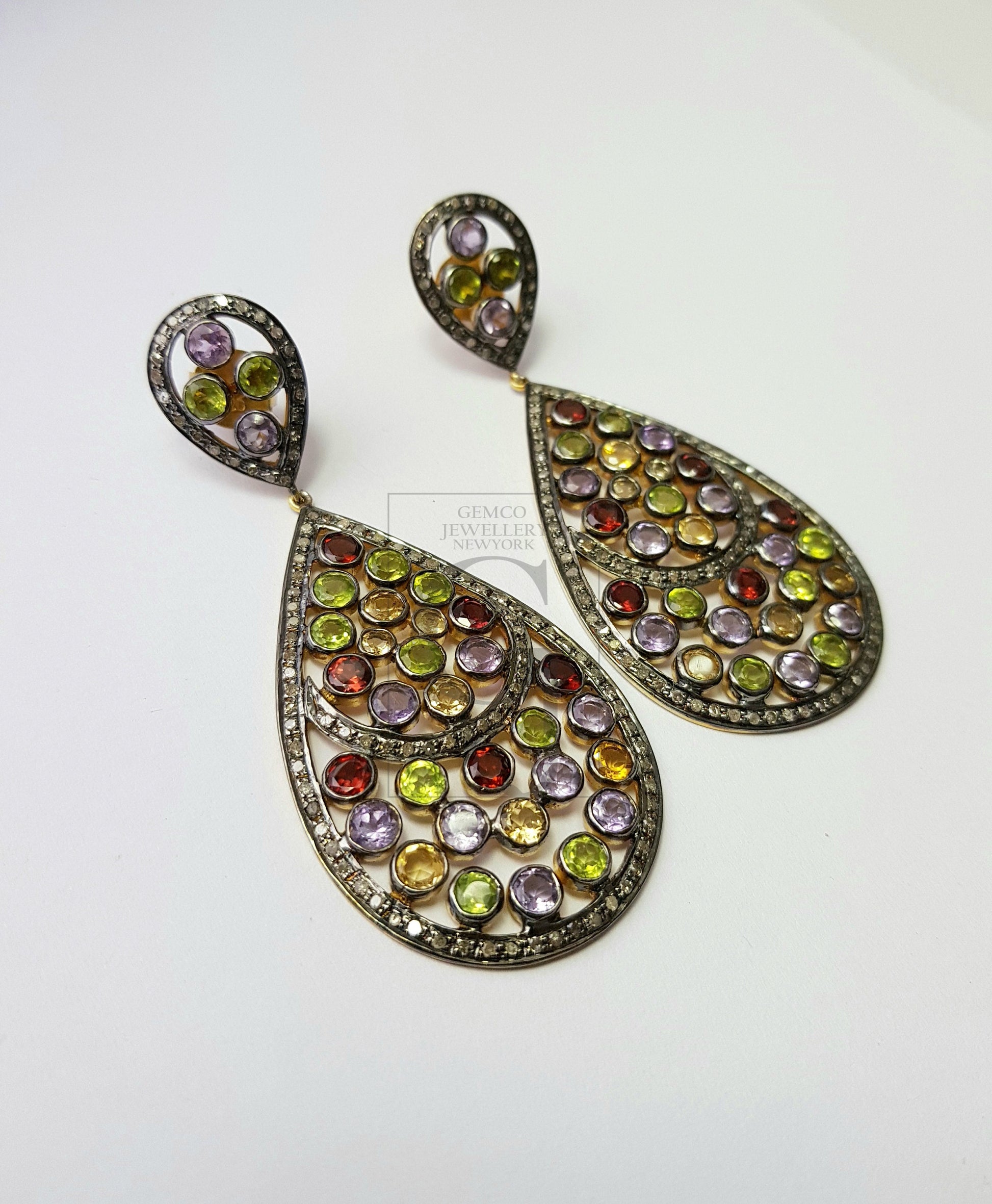 Multi colored Tourmaline designer earrings Rosecut pave diamond earrings 925 sterling silver handmade silver finish diamond earrings