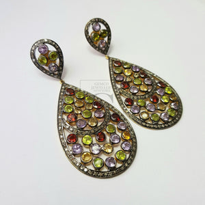 Multi colored Tourmaline designer earrings Rosecut pave diamond earrings 925 sterling silver handmade silver finish diamond earrings