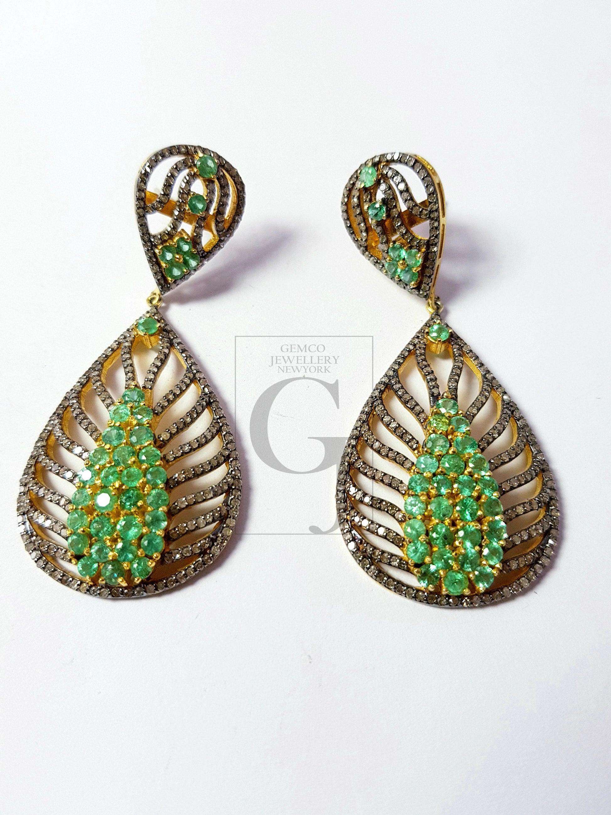 Very beautiful emerald vermail gold designer Rosecut pave diamond earrings 925 sterling silver handmade silver finish diamond earrings