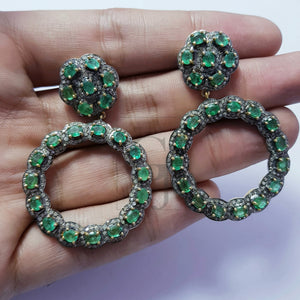 Unique Look Emerald Vermail Gold Designer Earrings Rosecut Pave Diamond Earrings 925 Sterling Silver Handmade Silver Finish Diamond Earrings