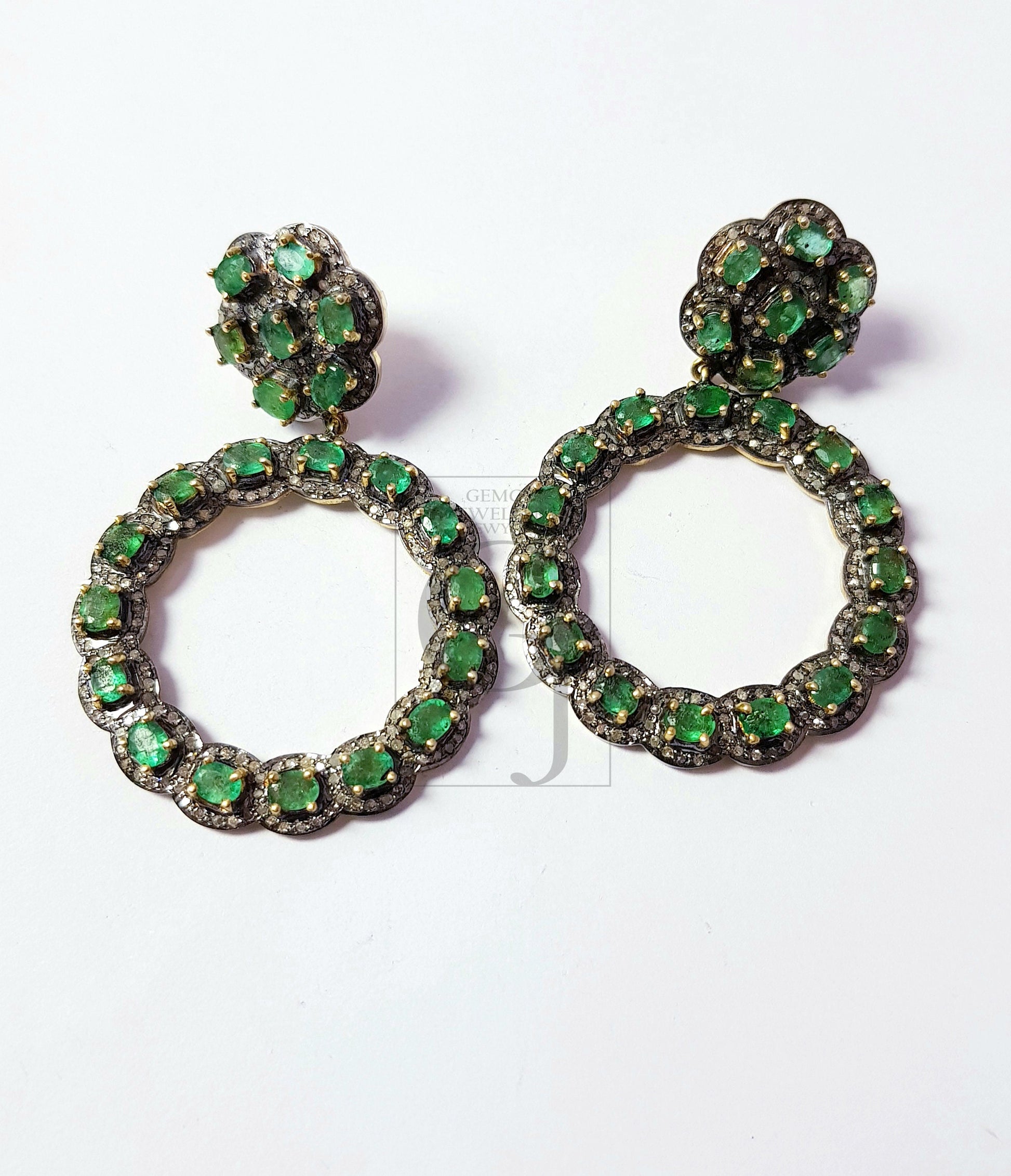 Unique Look Emerald Vermail Gold Designer Earrings Rosecut Pave Diamond Earrings 925 Sterling Silver Handmade Silver Finish Diamond Earrings