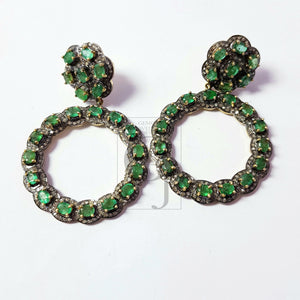 Unique Look Emerald Vermail Gold Designer Earrings Rosecut Pave Diamond Earrings 925 Sterling Silver Handmade Silver Finish Diamond Earrings