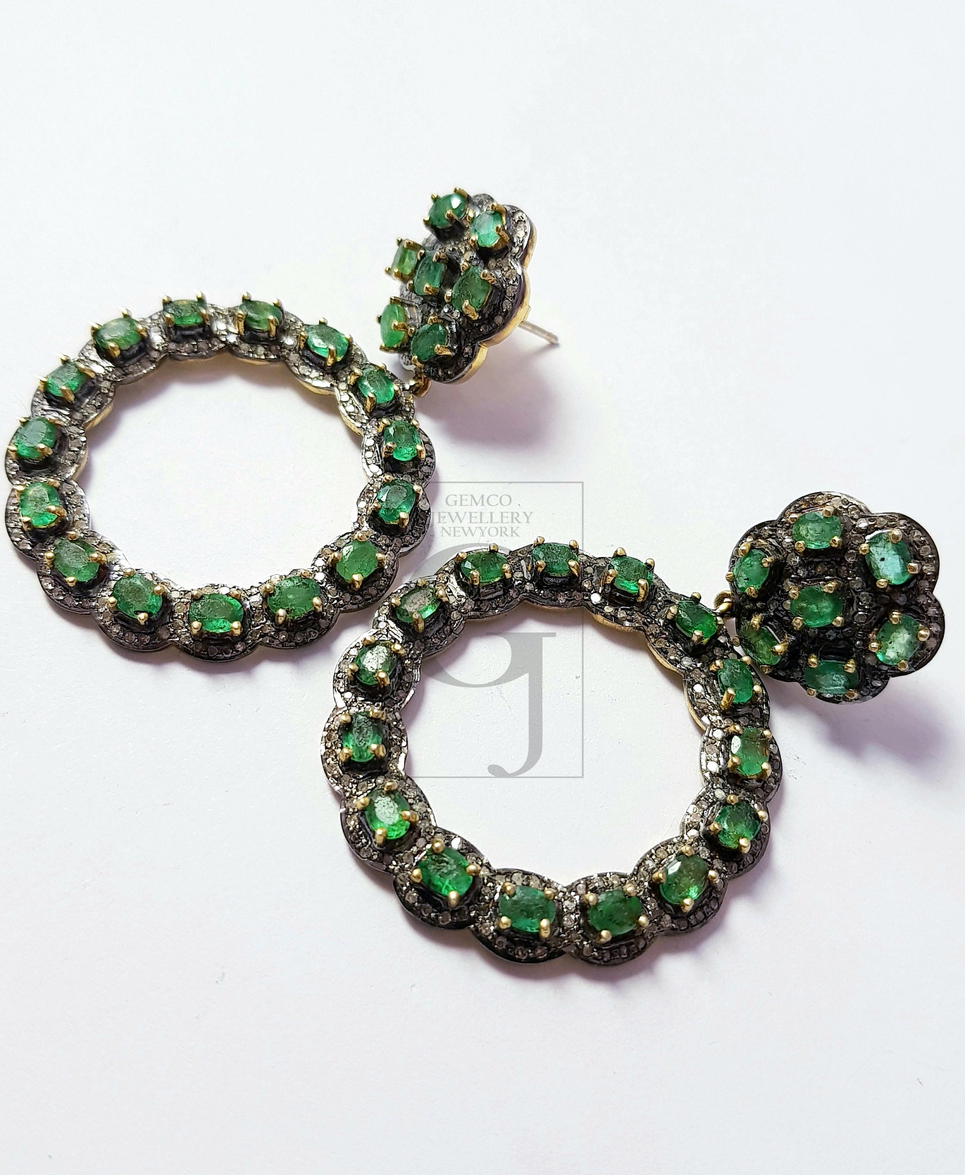 Unique Look Emerald Vermail Gold Designer Earrings Rosecut Pave Diamond Earrings 925 Sterling Silver Handmade Silver Finish Diamond Earrings